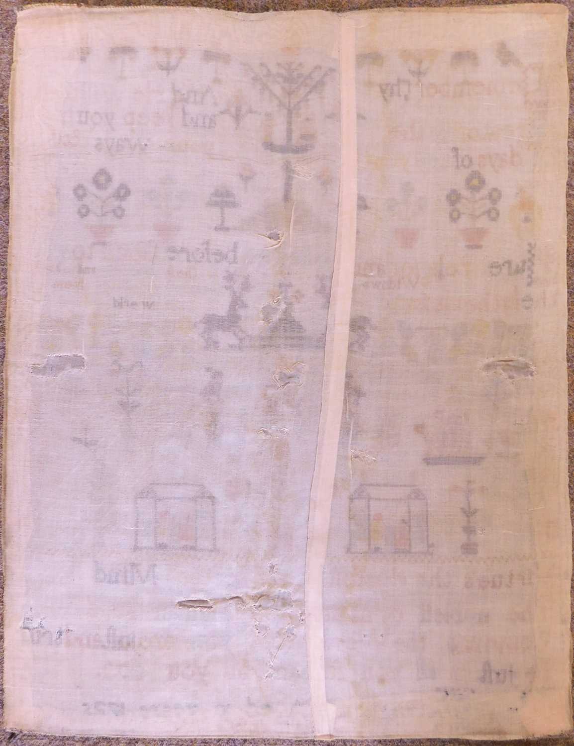 A Georgian needlework sampler, with rows of religious text, animals and buildings, named 'Ann - Image 2 of 6