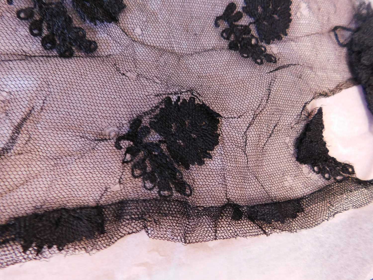 A late Victorian black lace shawl, with scalloped floral edges and allover floral pattern, approx. - Image 6 of 12