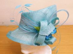 A Frank Usher turquoise straw hat, with sequin and feather detail, new with tags