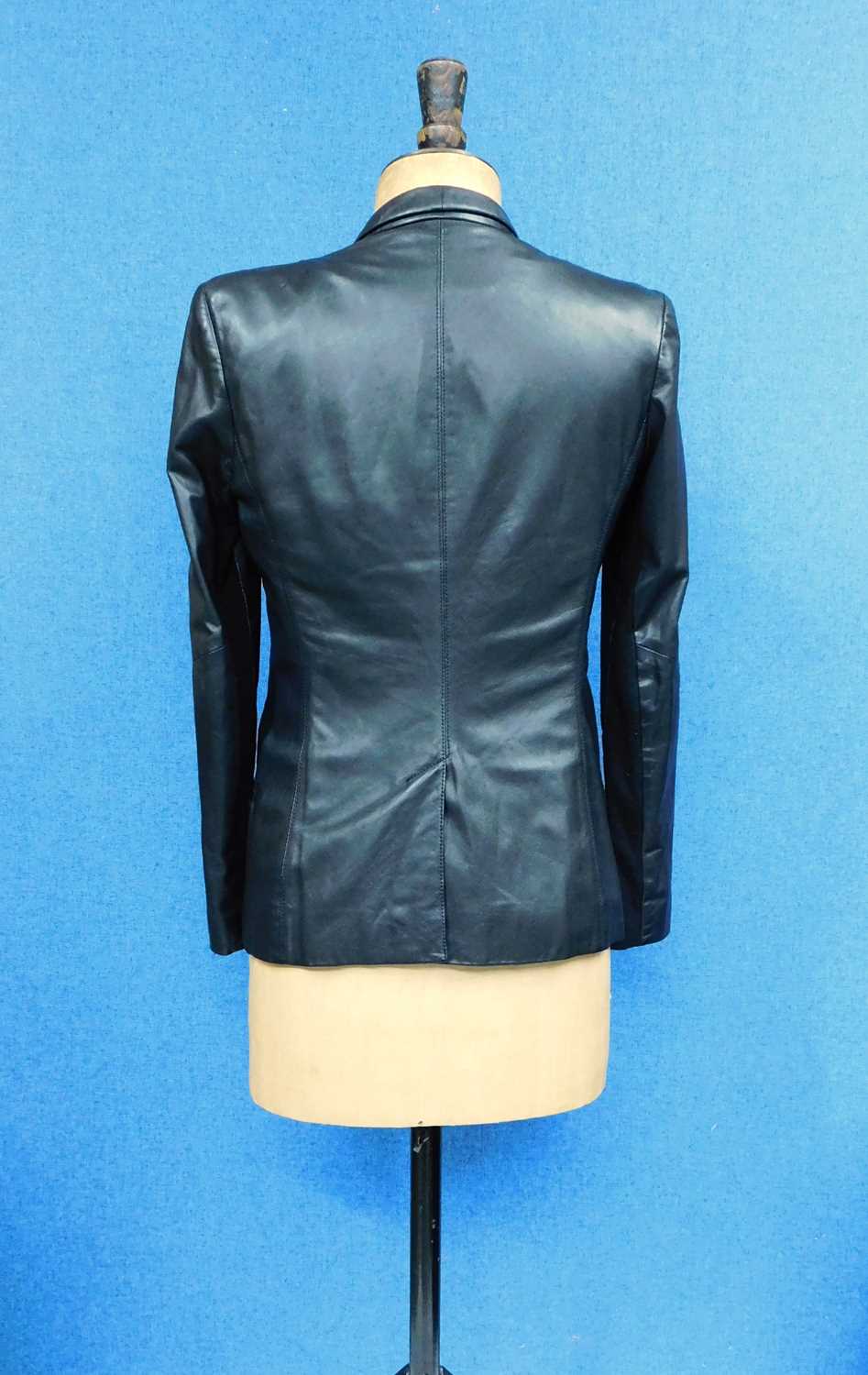A black leather blazer Helmut Lang, with single button fastening, front slit pockets, wool trimmed - Image 2 of 6