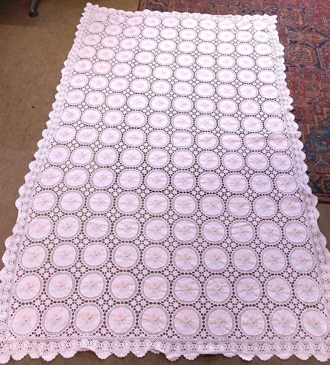 A cotton machine embroidered and crocheted lace bedspread, approx. 260 x 170cm, together with a - Image 2 of 6