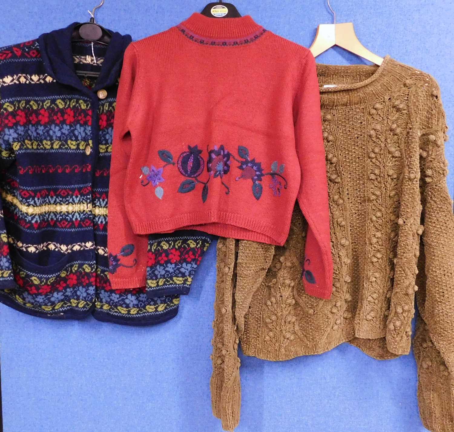 Three items of ladies knitwear to include a blue patterned cardigan by Laura Ashley, a cropped red - Image 2 of 5