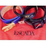 Three Escada leather belts: one in blue with gilt metal buckle, 3.8cm wide x 90cm long, one black