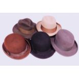 A quantity of gents hats to include a grey homburg by Dunn & Co, a brown bowler hat by Locke & Co