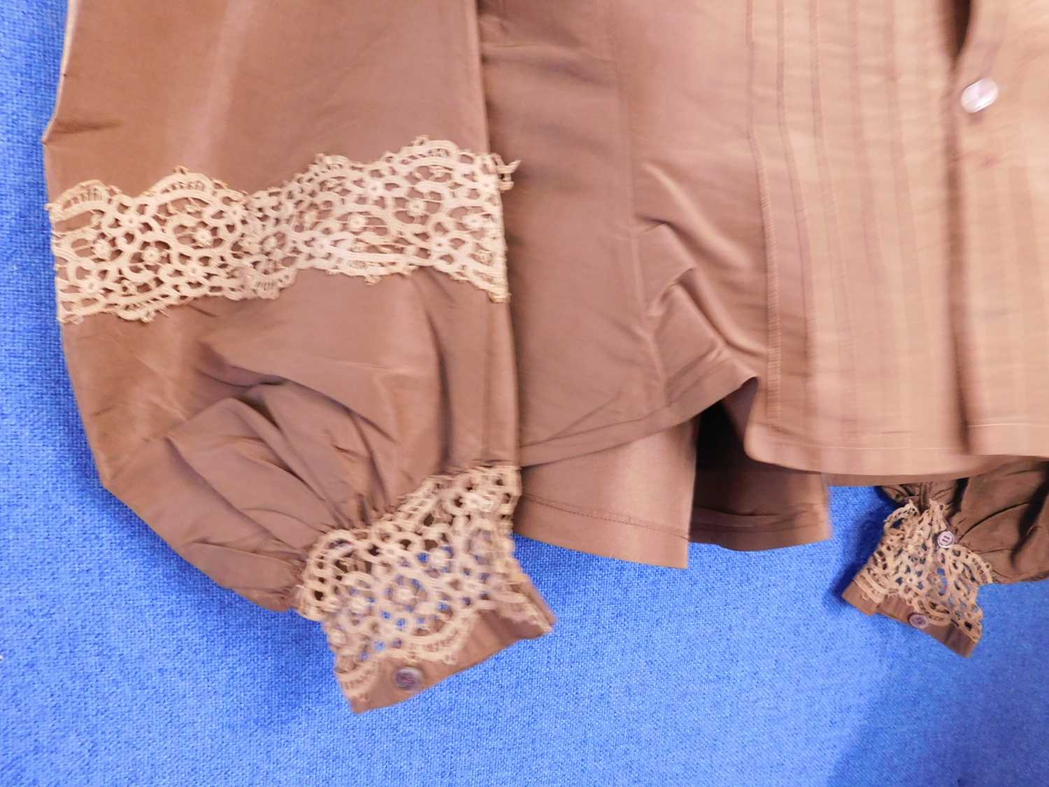 A Victorian lady's brown silk blouse and matching skirt, the blouse with pin detailing to front - Image 7 of 8