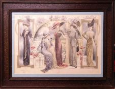 An early 20th Century French fashion advertising print, approx 34 x 50cm, framed and glazed, overall