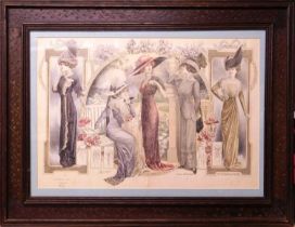 An early 20th Century French fashion advertising print, approx 34 x 50cm, framed and glazed, overall