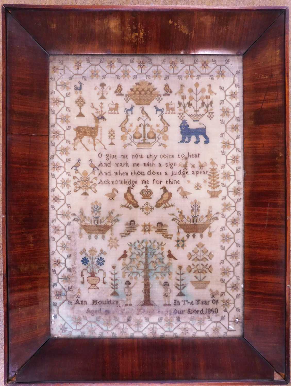 A mid 19th century needlwork sampler, with religious text, flora and fauna decoration, named 'Ann - Image 2 of 7