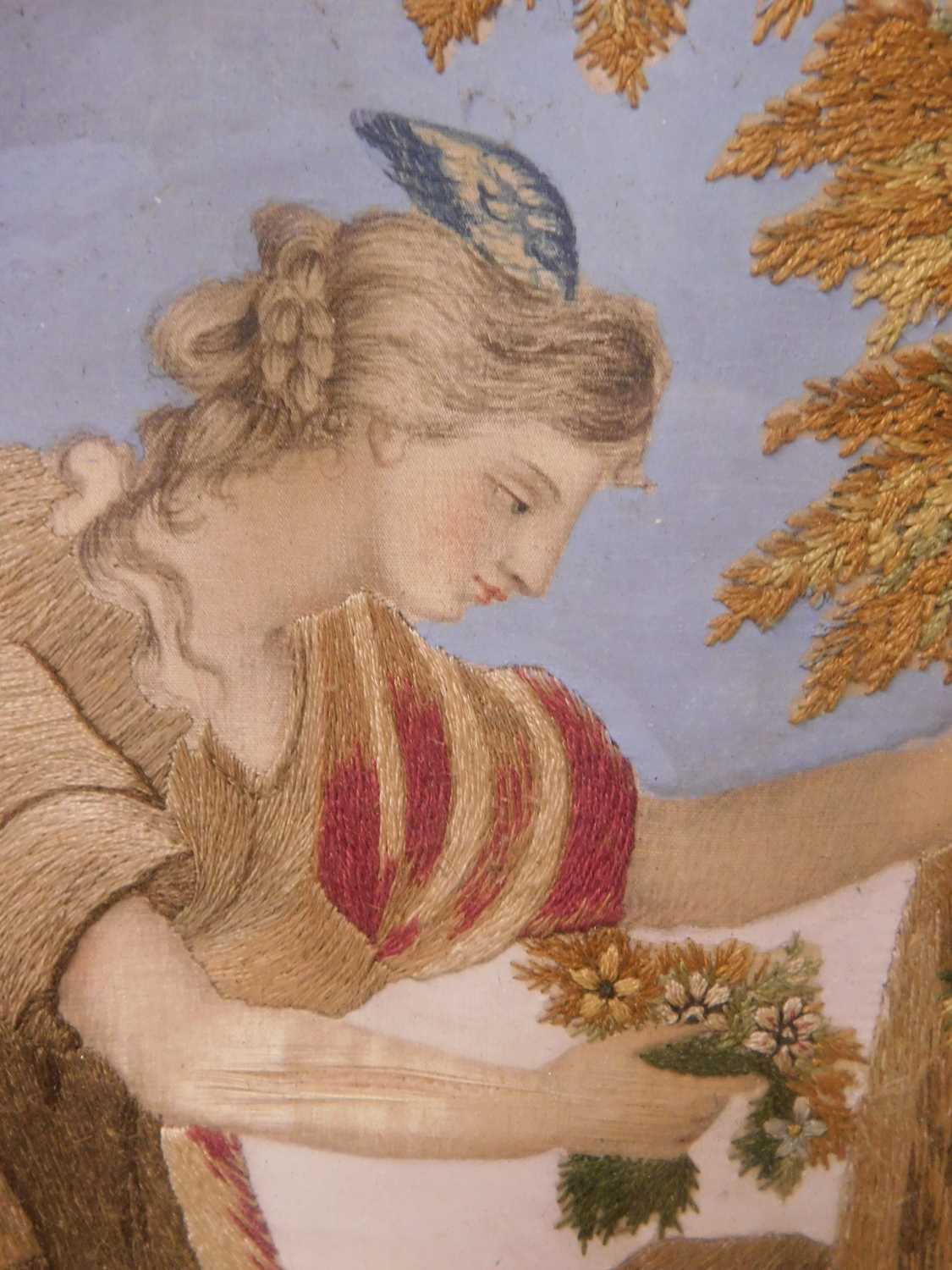 A 19th century needlework silk picture, the oval picture of a classical maiden by the tomb of - Image 5 of 10