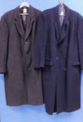 Two gentleman's overcoats to include a navy blue wool and cashmere double breasted coat together