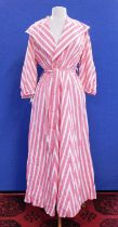 A mid 20th century cotton wrapover dress, the pink patterned and white stripe dress with wide