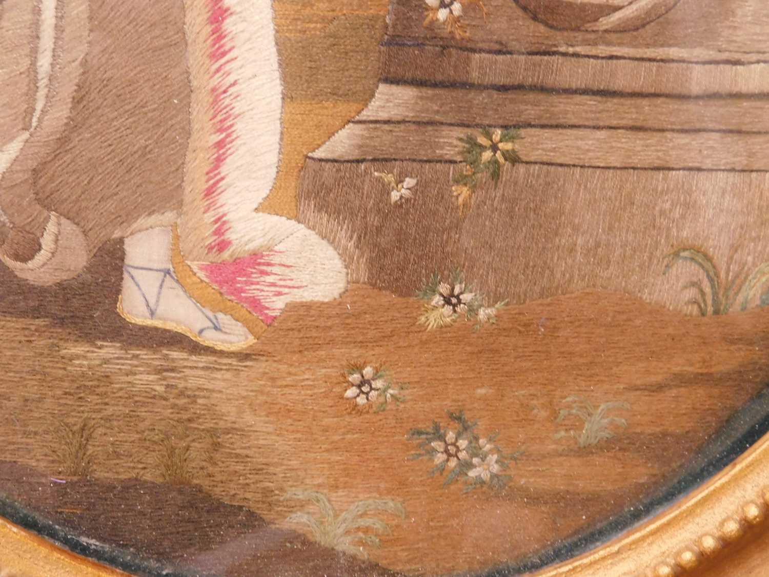 A 19th century needlework silk picture, the oval picture of a classical maiden by the tomb of - Image 4 of 10
