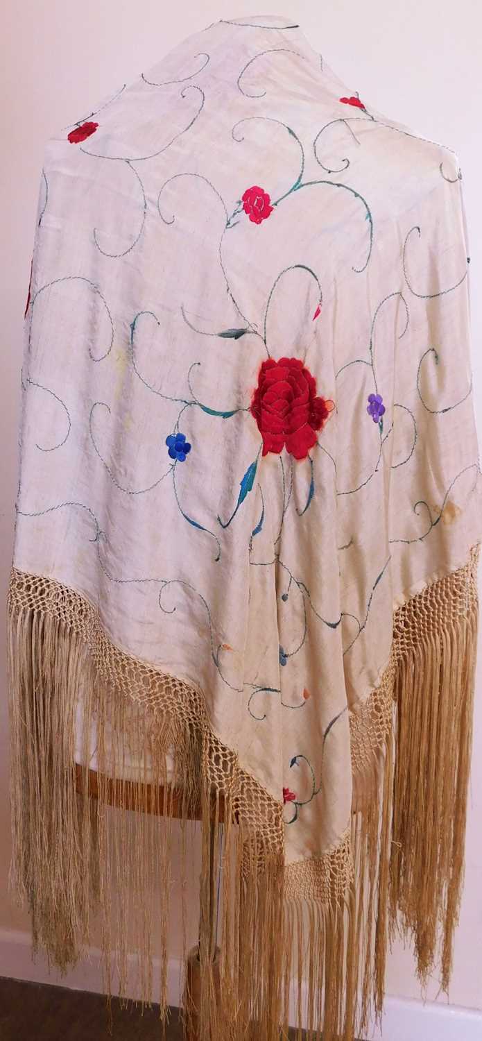 A late 19th / early 20th century silk floral embroidered fringed shawl, together with another - Image 8 of 11