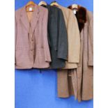 Quantity of mens wear to include an overcoat with faux fur collar, a green tweed jacket, a brown