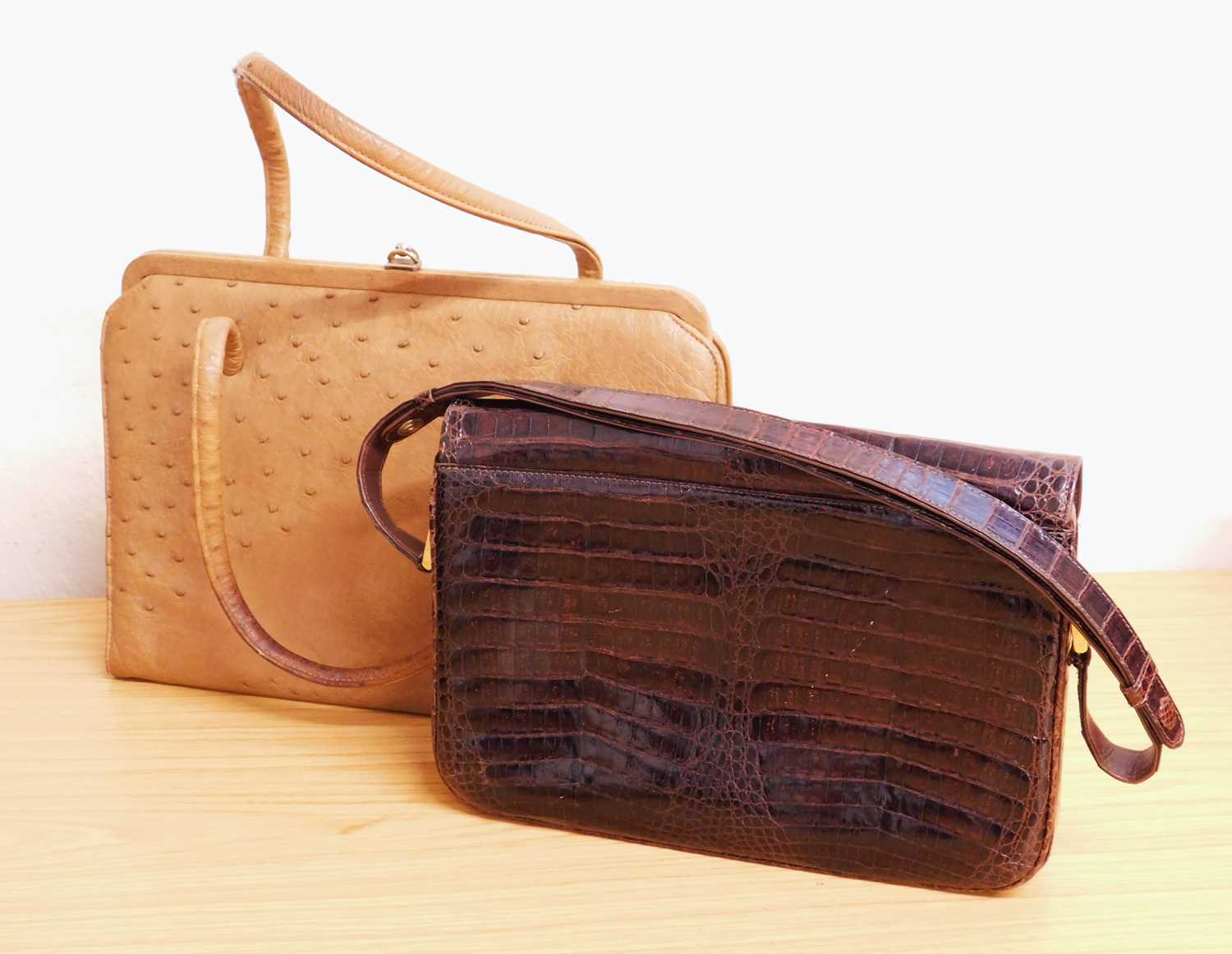 Two vintage handbags, to include a tan ostrich leather with suede lining, approx. 32cm wide, - Image 2 of 2