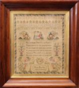 A mid 19th century needlework sampler, with alphabet and numerals, floral and fauna including palm