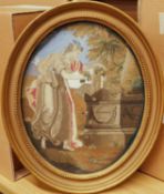A 19th century needlework silk picture, the oval picture of a classical maiden by the tomb of