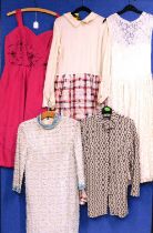 A quantity of lady's evening wear to include a cream with red and blue checked full length dress