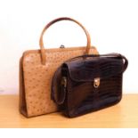 Two vintage handbags, to include a tan ostrich leather with suede lining, approx. 32cm wide,