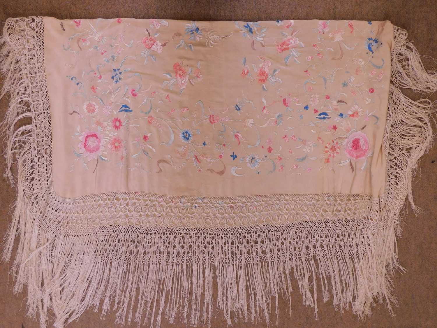 A late 19th / early 20th century silk floral embroidered fringed shawl, together with another - Image 5 of 11