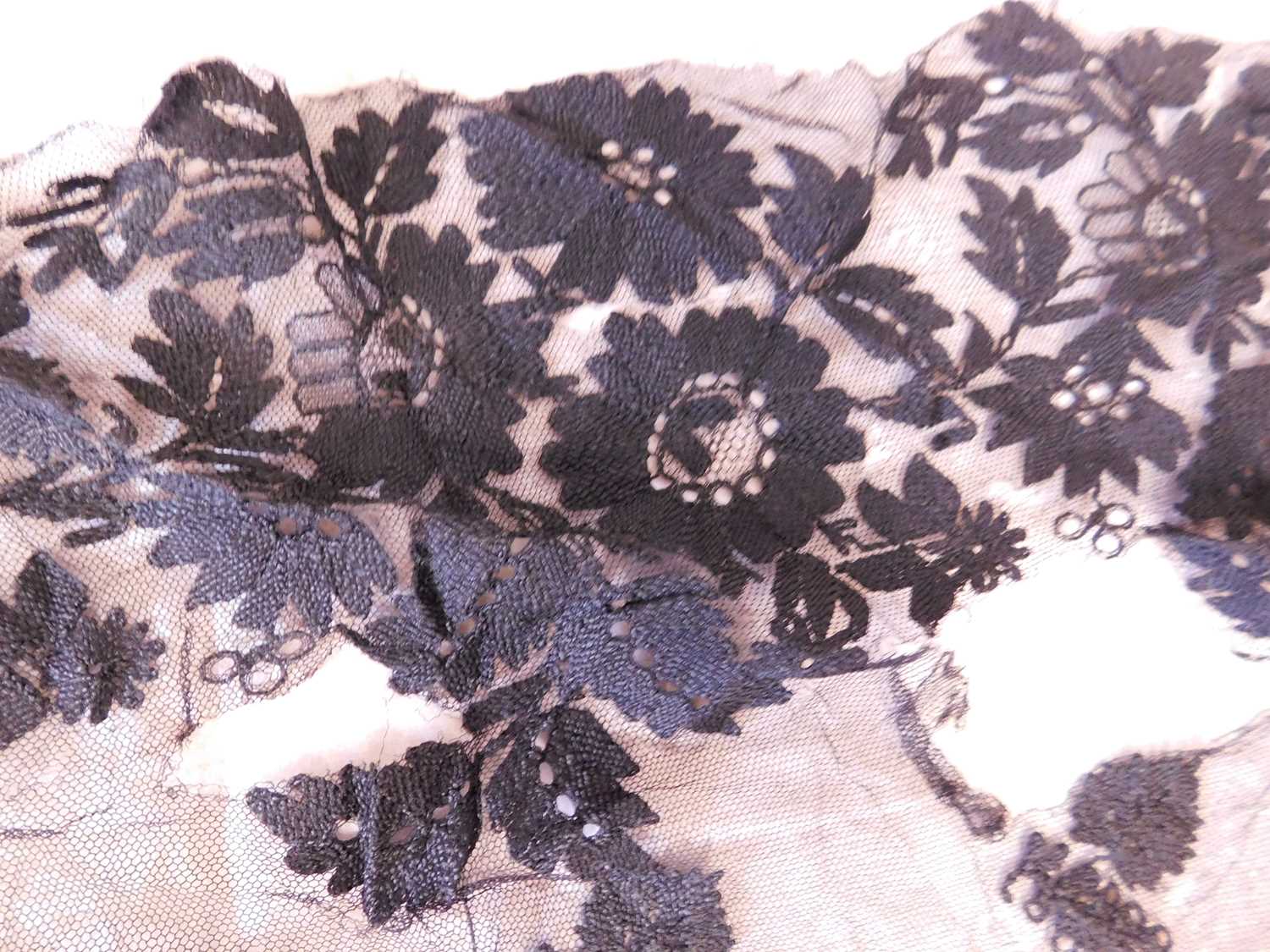 A late Victorian black lace shawl, with scalloped floral edges and allover floral pattern, approx. - Image 10 of 12