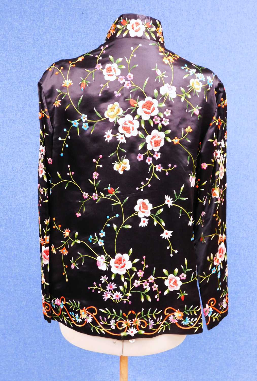A black satin and muli-coloured embroidery Chinese jacket by Plum Blossom, with high neck, long - Image 3 of 5