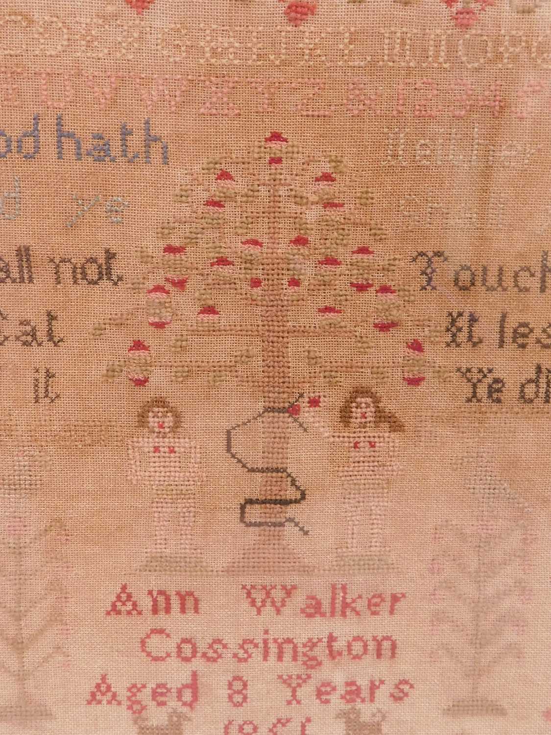 A mid 19th Century needlework sampler with alpha numeric stitching, religious text and Adam & Eve in - Image 2 of 3