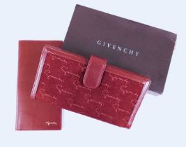 A Givenchy burgundy leather foldover secretary, the suede and leather wallet with allover Givenchy