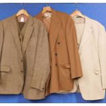 A quantity of menswear to include a beige linen blend jacket and trousers, 46 M, a double breasted