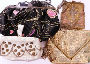 Four evening bags to include one by Zandro Rhodes, the black embroidered satin Zandra Rhodes bag