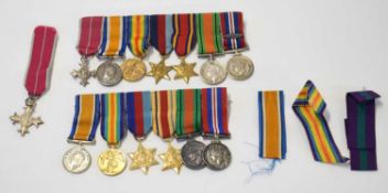 Two sets of medal miniatures to include one group with 2nd type military OBE, 1914-18 war medal,