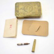 First World War British 1914 Queen Mary Christmas tin, with 1915 Christmas card and a pencil in a