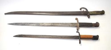 Three bayonets to include French model 1866 chassepot bayonet stamped U 97900 to scabbard and U 9799