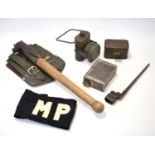 Quantity of militaria to include N0.4 spike bayonet, Royal Navy vickers machine gun oil can,