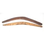 Two Aboriginal / tribal boomerangs. One example stamped to underneath ‘Aboriginal boomerang made