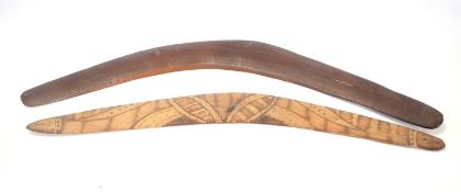 Two Aboriginal / tribal boomerangs. One example stamped to underneath ‘Aboriginal boomerang made