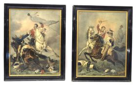 Pair of Victorian hand-coloured framed etchings depicting the event of ensign Ewart of the Scots