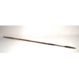 Aboriginal / tribal throwing spear with animal hide band on bottom of shaft. Metal wire hatching