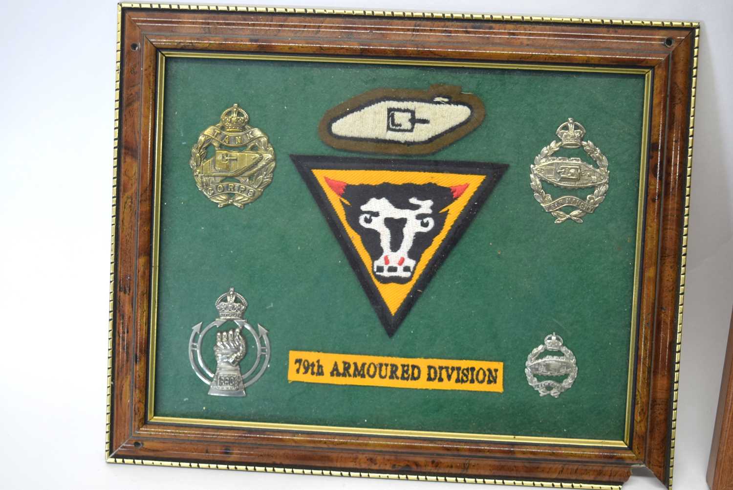 Three framed displays of Royal Armoured Corps 79th Armoured Division insignia, cap badges, to - Image 3 of 5