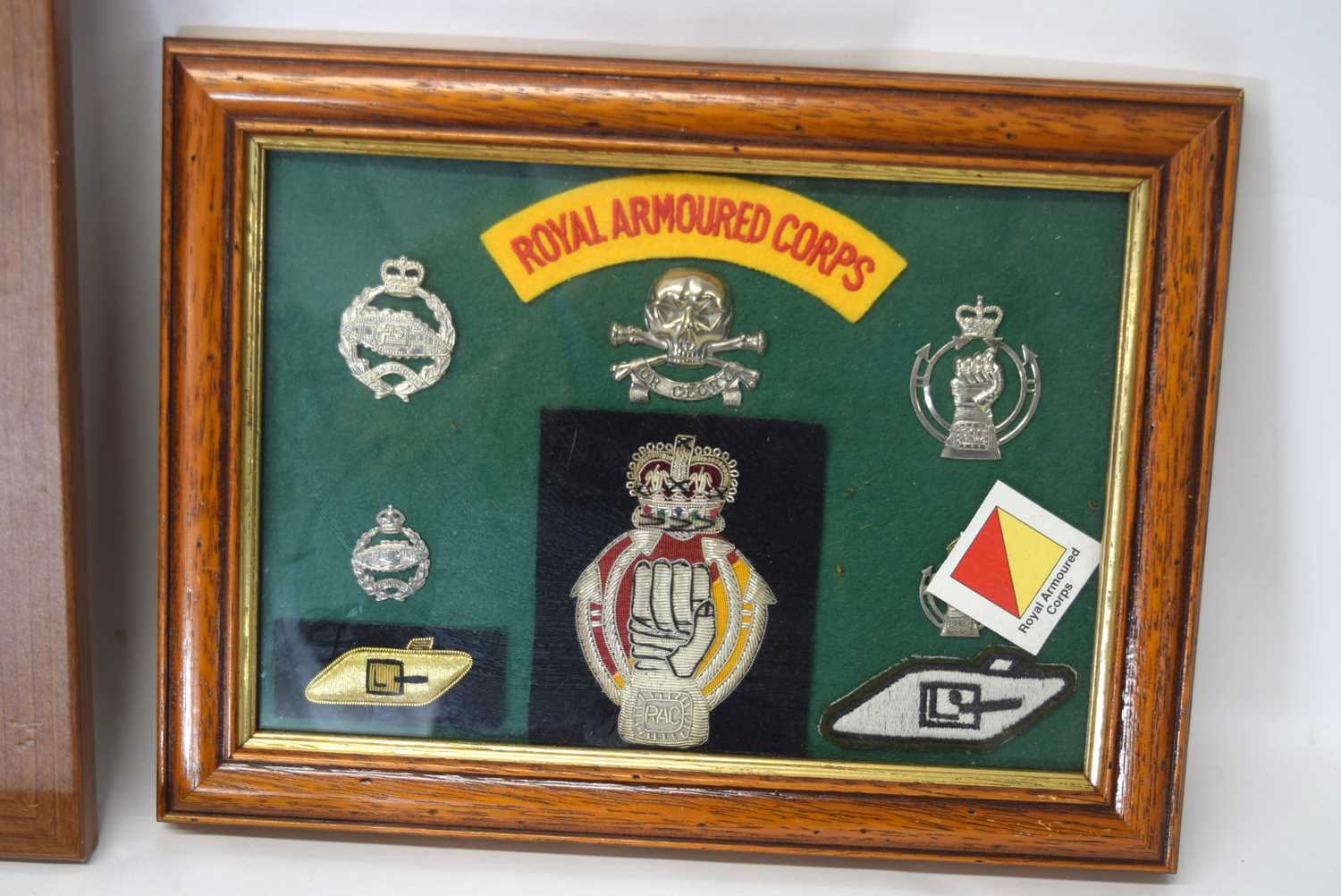 Three framed displays of Royal Armoured Corps 79th Armoured Division insignia, cap badges, to - Image 2 of 5