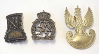 Three European military cap badges to include Polish eagle cap badge, Czechoslovak army