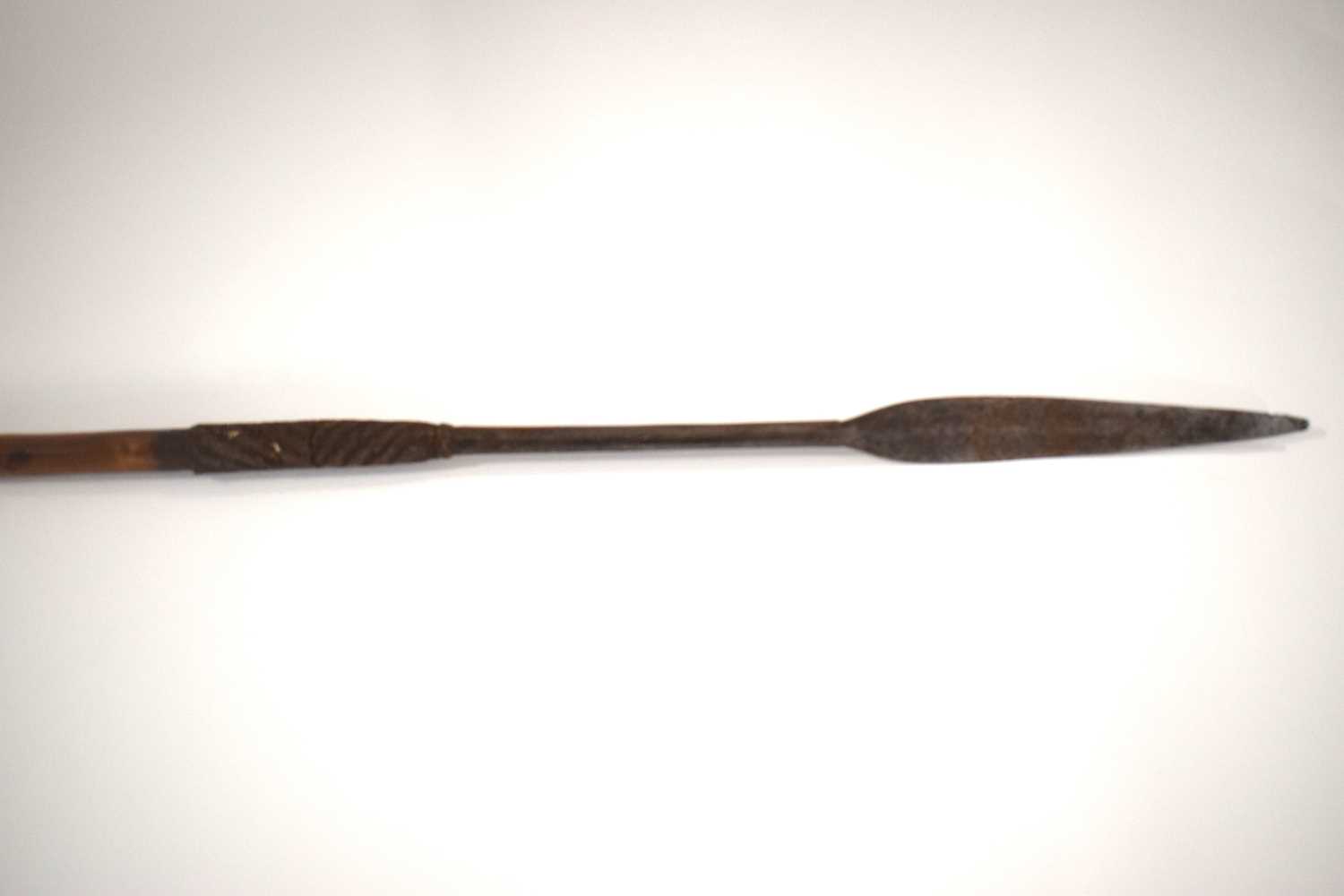 Aboriginal / tribal throwing spear with animal hide band on bottom of shaft. Metal wire hatching - Image 2 of 3