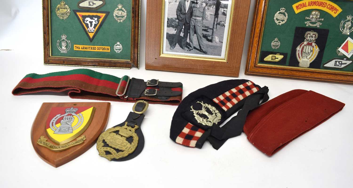 Three framed displays of Royal Armoured Corps 79th Armoured Division insignia, cap badges, to - Image 5 of 5