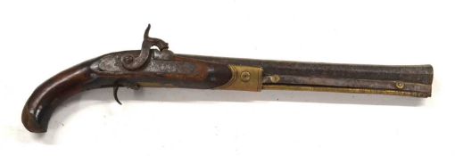 Mid to late 19th Century possibly Turkish percussion cap pistol with brass mounts and brass ram rod,