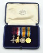 Set of First World War British Medal minatures comprising of Military OBE, 1914-5 Star, 1914-18