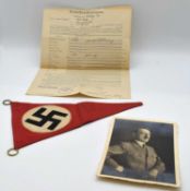 Third Reich German Swastika pennant flag together with portrait postcard of Adolf Hitler and a