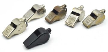Quantity of six railway whistles to include Acme thunderer, LMS, B.R.(M), B.R.(E), and bakelite