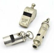 Three Military Whistles to include 1916 Infantry J.Hudson whistle, 1916 J.Hudson Royal Artillery