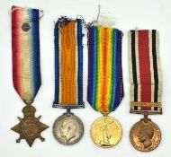 First World War and police medal group of four medals comprising of 1914 Mons Star with silver