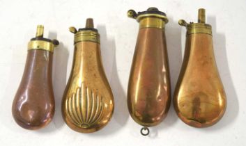 A quantity of four unnamed brass and copper 19th century pistol powder flasks all in varying